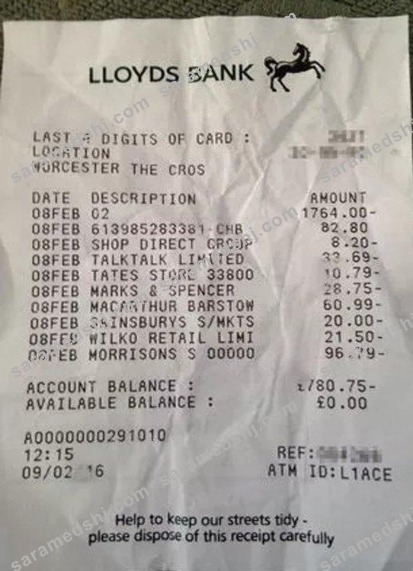 United Kingdom Lloyds bank receipt